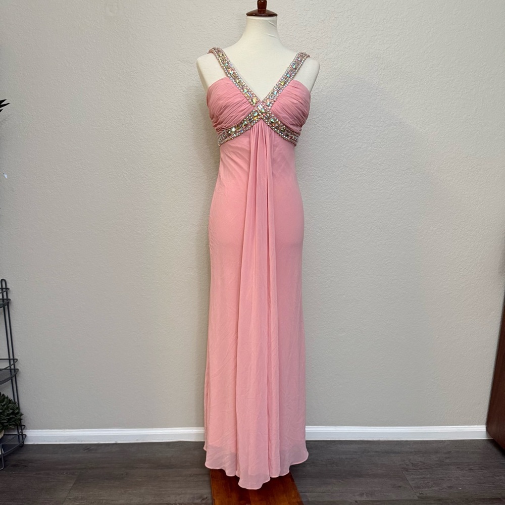 Betsy & Adam Pink Backless Ruched Empire Waist Gown